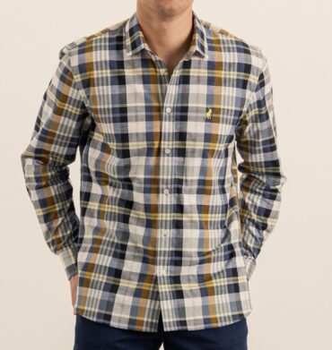Polo Long Sleeve Linen Check Shirt Navy