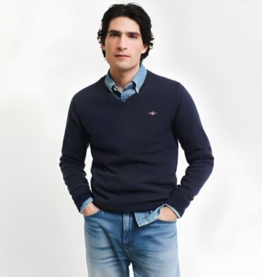 Gant Superfine Lambswool V-Neck Sweater Denim