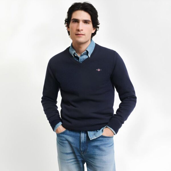 Gant Superfine Lambswool V-Neck Sweater Denim